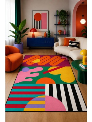Modern Renkli Desenli Dijital Baskılı Kaymaz Taban Yıkanabilir Salon Oturma Odası Antre Halısı