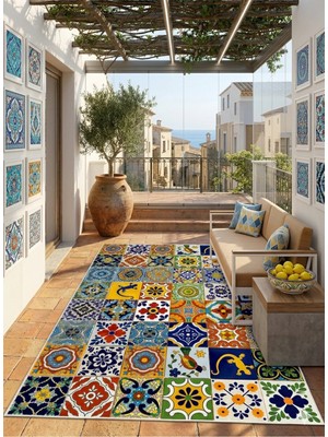 Modern Renkli Çini Desenli Dijital Baskılı Kaymaz Taban Yıkanabilir Mutfak Balkon Teras Antre Halısı