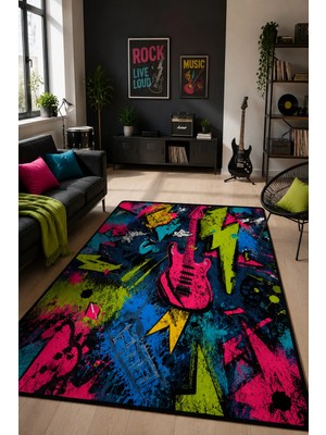 Neon Gitar Desenli Baskılı Taban Yıkanabilir Salon Oturma Odası Genç Odası Halısı
