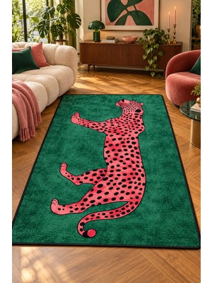 Pembe Leopar Desenli Modern Salon Halısı Dekoratif Baskı Kaymaz Taban Halı Yolluk