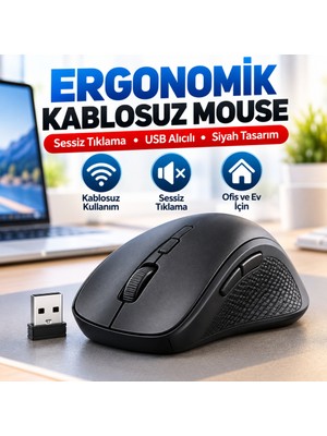 sbodurhome Siyah Renkli Ergonomik Sessiz Kablosuz Mouse – USB Alıcılı, Ofis ve Oyun Için Konforlu Bilgis