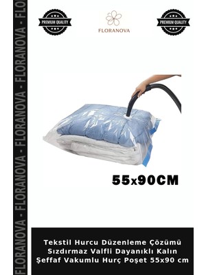 Floranova Tekstil Hurcu Düzenleme Çözümü Sızdırmaz Valfli Dayanıklı Kalın Şeffaf Vakumlu Hurç Poşet 55X90 cm
