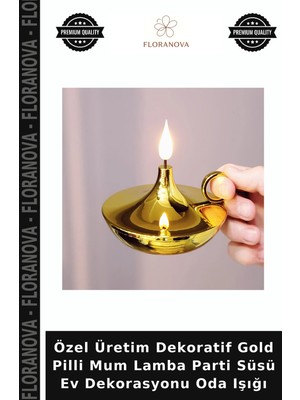Floranova Özel Üretim Dekoratif Gold Pilli Mum Lamba Parti Süsü Ev Dekorasyonu Oda Işığı