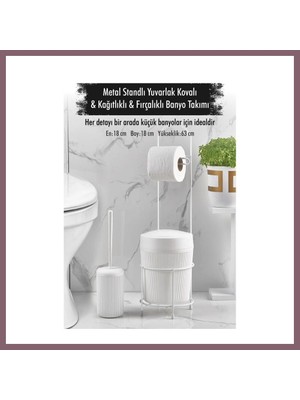 Bezos Metal Standlı Yuvarlak Kovalı & Kağıtlıklı & Fırçalıklı Beyaz Banyo Takımı Bzss