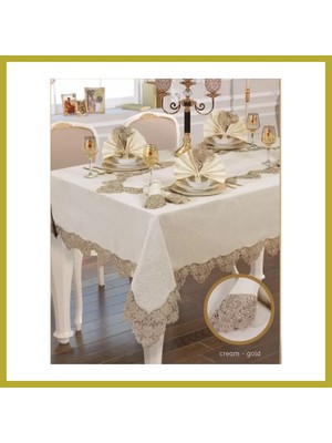 Bezos El Işi Angles Flora 17 Parça 8 KIŞILIK165 × 265 cm Runner Krem-Gold Şık Çeyizlik Masa Takımı Bcks