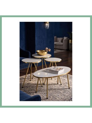Bşk Virgo Gold Oval Sehpa Seti Beyaz 4'lü BSK2026