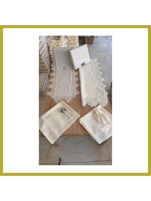 Bezos Sofra Takımı Mimoza Gardenya Keten Yemek Takımı 160X220 Masa Seti 26 Parça Runner Set Krem Bcks