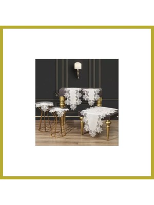 Bezos Kayla Krem-Gold Model 5 Parça Keten Dantelli Masa Örtüsü Runner Seti Salon Takımı Bcks