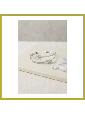 Bezos Gümüş Renk Zirkon Taşlı Çiçek Model Kadın Bileklik Bcks