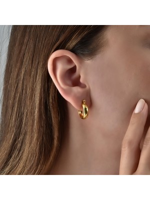 Nox Jewelry 14 Ayar Altın Kaplama 925 Ayar Gümüş Parlak Bombeli Kalın Halka Küpe - E00319