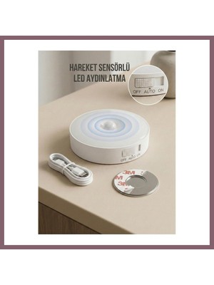 Bezos Hareket Sensörlü Yuvarlak LED Aydınlatma & USB Şarjlı Pratik Gece Lambası (8 Cm) Bzss