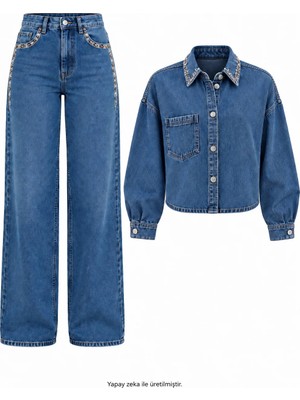 Seda Unlu Butik Fidra Mavi Taş Detaylı Denim Gömlek Pantolon Takım