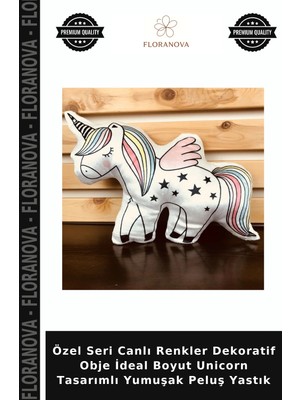 Floranova Özel Seri Canlı Renkler Dekoratif Obje Ideal Boyut Unicorn Tasarımlı Yumuşak Peluş Yastık
