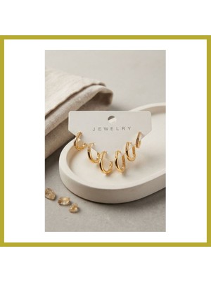 Bezos Gold Renk Zirkon Taşlı Pirinç Ince Kare Halka Model Kadın Küpe Seti Bcks