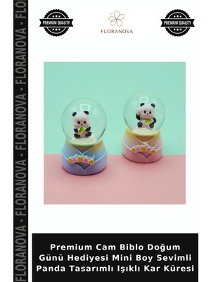 Floranova Premium Cam Biblo Doğum Günü Hediyesi Mini Boy Sevimli Panda Tasarımlı Işıklı Kar Küresi
