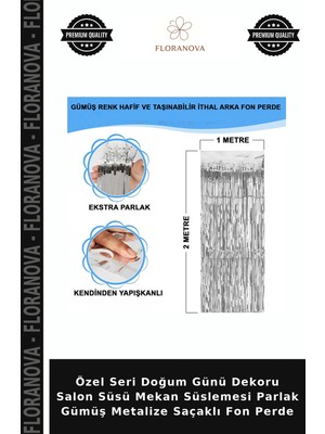 Floranova Özel Seri Doğum Günü Dekoru Salon Süsü Mekan Süslemesi Parlak Gümüş Metalize Saçaklı Fon Perde