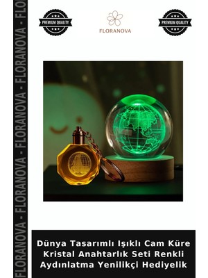 Floranova Dünya Tasarımlı Işıklı Cam Küre Kristal Anahtarlık Seti Renkli Aydınlatma Yenilikçi Hediyelik