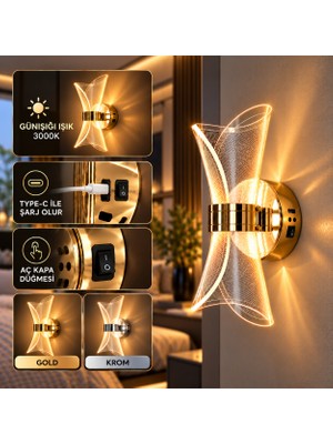 Dolunay Avize Şarjlı Dekoratif Duvar Apliği Gold Krom Renk Seçenekli Günışığı LED Type-C Şarjlı Açma Kapama Düğmeli