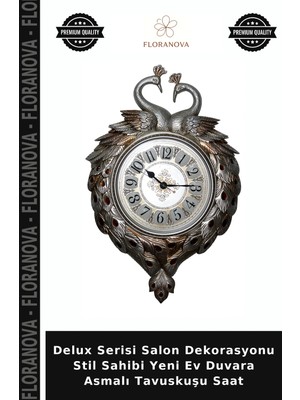 Floranova Delux Serisi Salon Dekorasyonu Stil Sahibi Yeni Ev Duvara Asmalı Tavuskuşu Saat