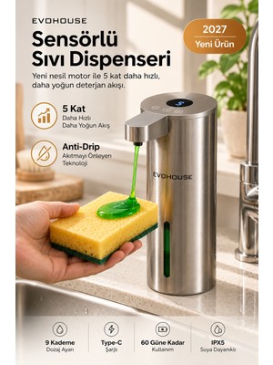 Evo House Otomatik Sensörlü Sıvı Sabun Dispenseri Paslanmaz Çelik Inox - P25 Model