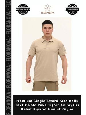 Floranova Premium Single Sword Kısa Kollu Taktik Polo Yaka Tişört Av Giysisi Rahat Kıyafet Günlük Giyim