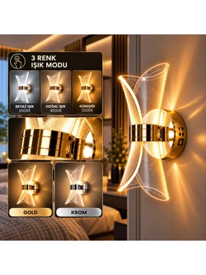 Dolunay Avize Dolunay Gold 3 Renk Işıklı Dekoratif LED Duvar Apliği Modern Tasarım