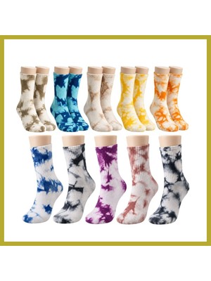 Bezos Unisex Batik Spor Çorap 10'lu Set Tie Dye Tenis Çorabı Koyu Retro Renkler Günlük Rahat Konforlu Stil Bcks