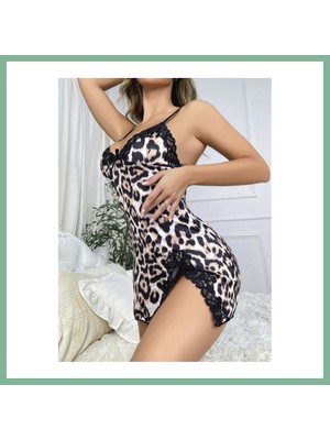Bşk Virgo Kadın Leopar Desenli Dantel Detaylı Elbise 5062 · Beden: L/xl · Renk: Siyah BSK2026