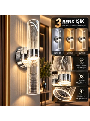 Dolunay Avize Dolunay Krom Çift Silindirli 3 Renk Işıklı Modern LED Duvar Apliği