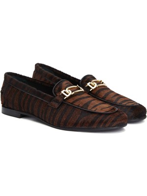 George Hogg Siyah Zebra Desenli Kadın Deri Loafer