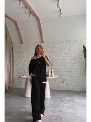 Trend Cojans Kadın Tek Omuzdan Açık Şerit Detaylı Salaş Viskon Iki Iplik Bluz ve Pantolon Ikili Takım