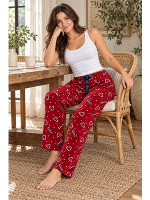Beruflic Kadın Tek Alt Pijama Pantolonu - Kalp ve Fiyonk Desenli, Bordo Under Moda
