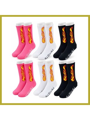 Bezos Unisex Alev Desenli Çorap 6'lı Set Pamuklu Uzun Soket Dikişsiz Nefes Alan Günlük Spor Çorabı Yumuşak Bcks