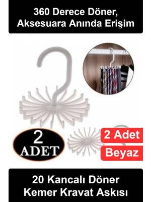 Wonara #kemeraskısı 2 Adet 20 Kancalı 360 Derece Döner Kemer Kravat Eşarp Şal Kolye Askısı Gardırop Dolap Içi Vestiyer Düzenleyici Organizer Aksesuar Saklama Aparatı Beyaz Plastik Kompakt Yerden Tasarruf