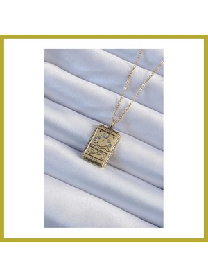Bezos 316L Çelik Zincir Eskitme Gold Renk Ay Figürlü Tarot Kolye Bcks