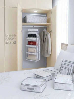 Evsella 3'lü Çiçekli Beyaz Set 1 Adet Hurç + 1 Adet 8 Cepli Dolap Içi Düzenleyici + 1 Adet 6'lı Valiz Organizer Seti