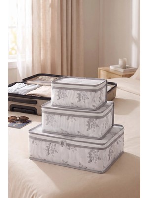 Evsella 3'lü Beyaz Çiçek Desenli Valiz Düzenleyici Bavul Içi Düzenleyici Organizer Set Seyahat Hurcu
