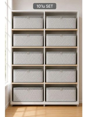 Evsella 10’lu Beyaz Geometrik Çizgili Baza Altı Çekyat Hurç Organizer 60×40×22 cm