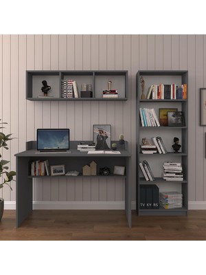 Tr Asra Trend Koyu Gri ÇMT001 3'lü Çalışma Masası Seti 120 cm Alt Raflı Masa 169 cm 5 Raflı
