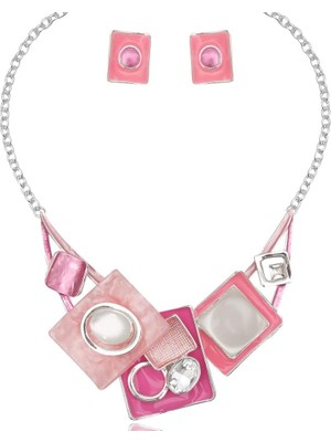 Tr Moda Boho Oval Kristal Opaller Ifade Önlük Kolye Küpe Bohem Emaye Kostüm Takı Seti Kadınla