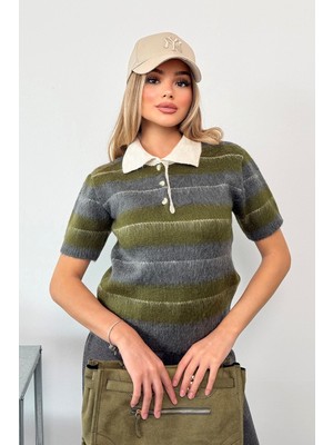 Jee Lee Kadın Polo Yaka Kısa Kollu Triko Kazak Haki - 27K 2671