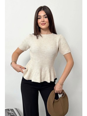 Jee Lee Kadın Bisiklet Yaka Kısa Kollu Eteği Volanlı Triko Kazak Krem - 2537