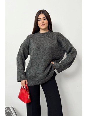 Jee Lee Kadın Bisiklet yaka Salaş Basic triko Kazak Antrasit - 27K 4700
