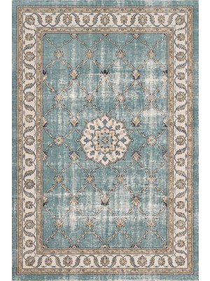 Rugzella Soluk Deniz Mavisi Vintage Eskitme Pers Deseni, Lacivert Altın Yıkanabilir Halı