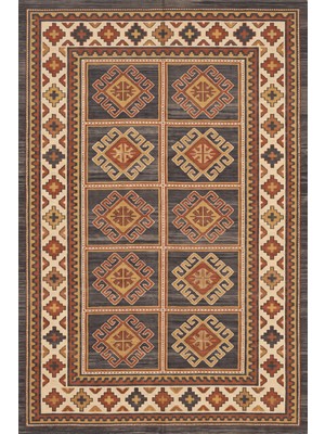 Rugzella Antrasit Boho Tribal Desenli Kiremit Hardal Krem Motifli Bohem Yıkanabilir Halı