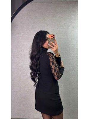 Serac Collection Kadın Siyah Balıkçı Yaka Dantel Kol Detaylı Kaşkorse Bluz