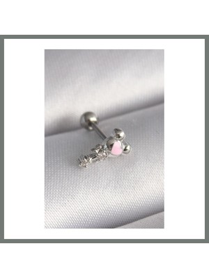Bezos 316L Çelik Gümüş Renk Zirkon Taş Detay Pembe Kalp Işleme Tragus Piercing Mmbz