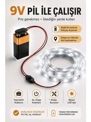 Onerous 1 M 9V Beyaz LED Şerit, Pilli, Pil Dahil, Anahtarlı, Yapışkanlı