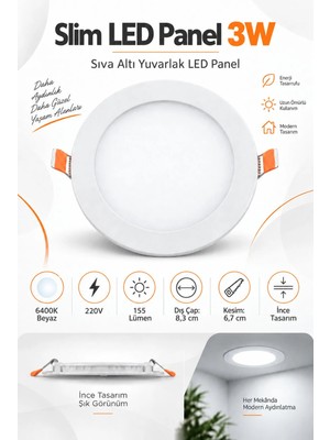 Onerous 3W Slim LED Panel, Yuvarlak Sıva Altı Spot, 6400K Beyaz, 155 Lümen