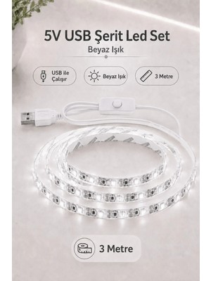 Onerous 3 M 5V Beyaz LED Şerit, Anahtarlı, USB